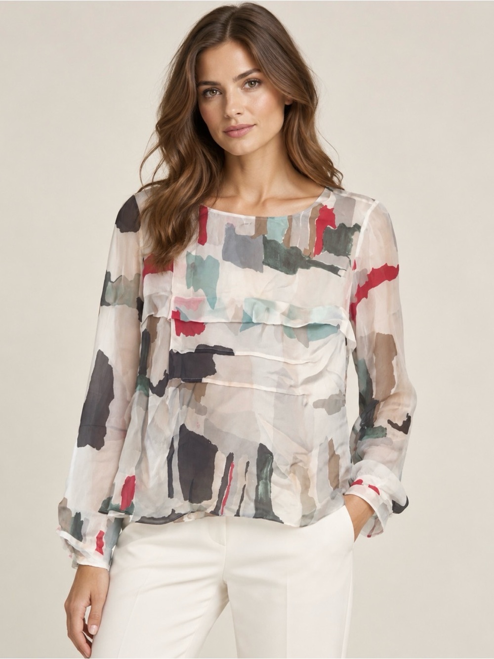 Chloé Abstract Print Y2K Boho Silk Blend Sheer Blouse Size 40 Made in France NEW